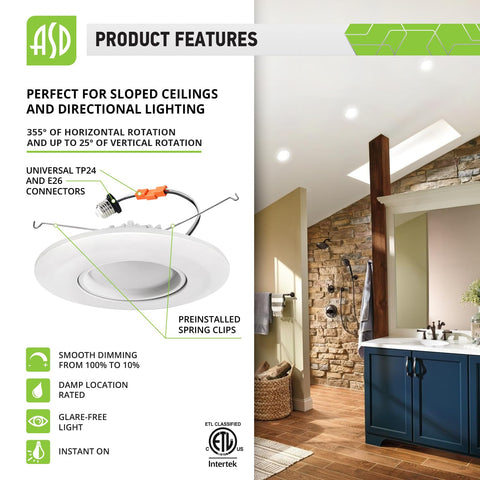 Gimbal Retrofit LED Can Lights 6 Inch Kit, 4000K Bright White for sloped ceiling showcased with bathroom interior and features.