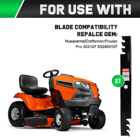 YTH22V46 46 Inch Mulching Replacement Mower Blades For Husqvarna And Compatible Models with Five Star Mounting Pattern shown with mower