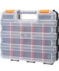 Front view of Double Sided Tools Organizer With Removable Dividers, 34 Compartment Hardware Box, black and orange plastic case