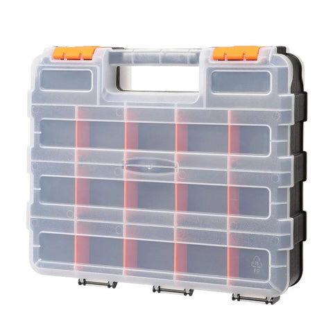 Front view of Double Sided Tools Organizer With Removable Dividers, 34 Compartment Hardware Box, black and orange plastic case