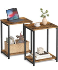 Set Of Two Industrial Style End Tables With Rustic Brown Tops And Matte Black Steel Frames, compact nightstands, styled with decor.