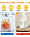 2.2L Glass Pitcher With Lid And Handle, Borosilicate Water Carafe, Stainless Steel Dual Filter Lid, Heat Resistant For Hot And Cold Bevs, two images, one with fruit and ice, one with boiling water
