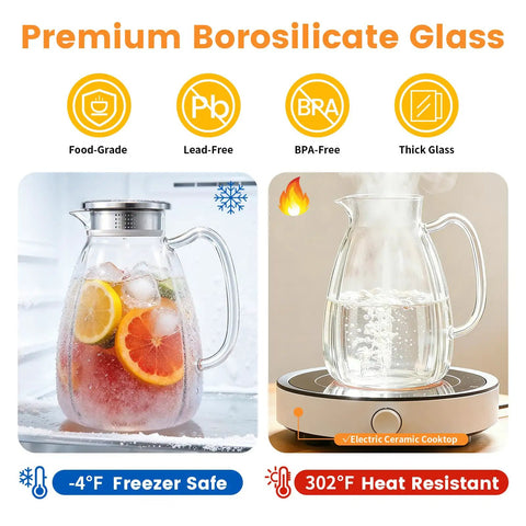 2.2L Glass Pitcher With Lid And Handle, Borosilicate Water Carafe, Stainless Steel Dual Filter Lid, Heat Resistant For Hot And Cold Bevs, two images, one with fruit and ice, one with boiling water