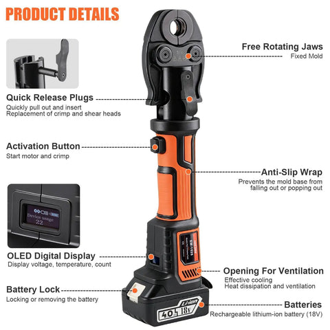Badass Heavy Duty 18V Brushless Cordless Hydraulic Crimping Tool Kit With Swappable Dies, showing quick release plugs and OLED display.