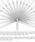Feeler gauge set with 25 stainless steel blades fanned in front view; metric and imperial sizes.