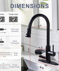 Dimensions of COXOVAY Pull Down Kitchen Faucet with Glass Rinser, featuring size and design details for installation.