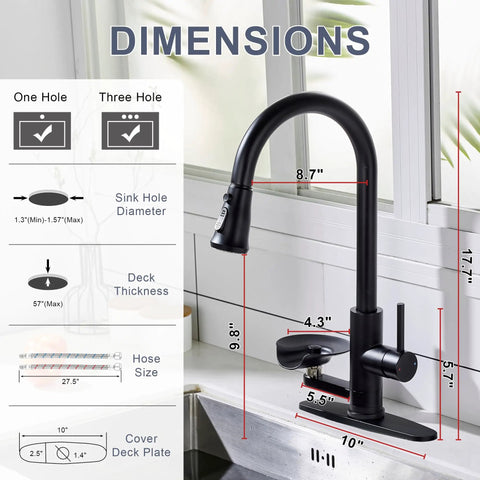 Dimensions of COXOVAY Pull Down Kitchen Faucet with Glass Rinser, featuring size and design details for installation.