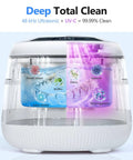 48 kHz Ultrasonic Retainer Cleaner with UV-C sanitizing power for clear aligners and dentures, displaying deep clean results.