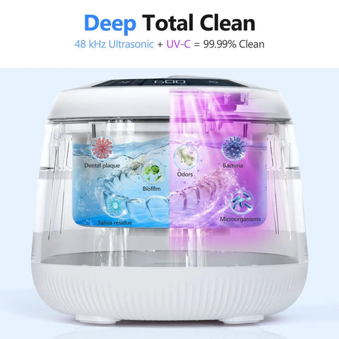 48 kHz Ultrasonic Retainer Cleaner with UV-C sanitizing power for clear aligners and dentures, displaying deep clean results.