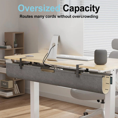 2 In 1 Under Desk Cable Management Tray And Privacy Panel with dual sided felt organizer installed on home office desk
