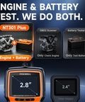NT301 Plus 2 In 1 OBD2 Scanner and Battery Tester display comparison showing engine and battery test capabilities.
