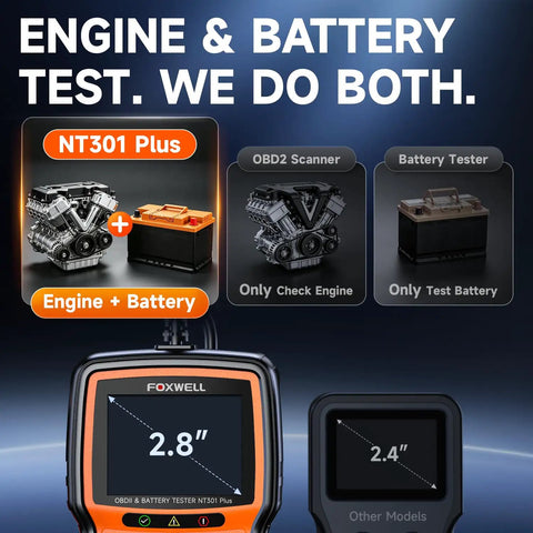 NT301 Plus 2 In 1 OBD2 Scanner and Battery Tester display comparison showing engine and battery test capabilities.