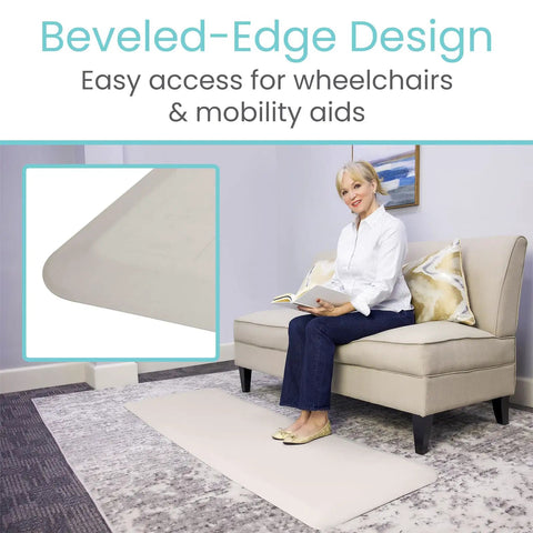 72 By 24 Inch Bedside Fall Safety Mat for Elderly and Disabled on floor, beige, non-slip, high-density foam, anti-fatigue cushion pad