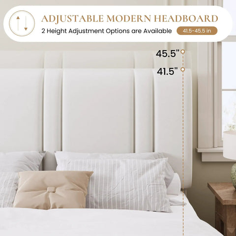 King Size Velvet Bed Frame With Adjustable Channel Tufted Headboard In Chic White Upholstery displaying adjustable headboard heights.