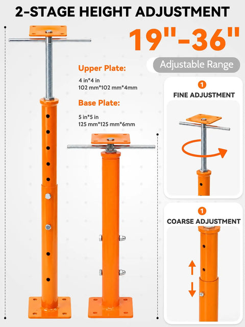 Rock Solid Adjustable House Floor Jacks 4 Pack 19 To 36 Inch Lift Range showing height adjustment mechanism and plate sizes.