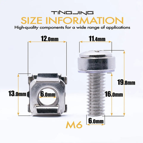 Bulletproof M6 X 20mm Rack Mount Screw Kit With Cage Nuts And Washers For Network Servers And Routers detailed size information.