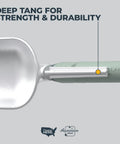 Close-up of deep tang and ergonomic grip of Beefy Aluminum Garden Trowel With Full Tang Extra Wide Scoop Sharpened Point And Ergonomic Cushioned Grip Rust Resistant Hand Tool For Digging In Clay And Tough Soil