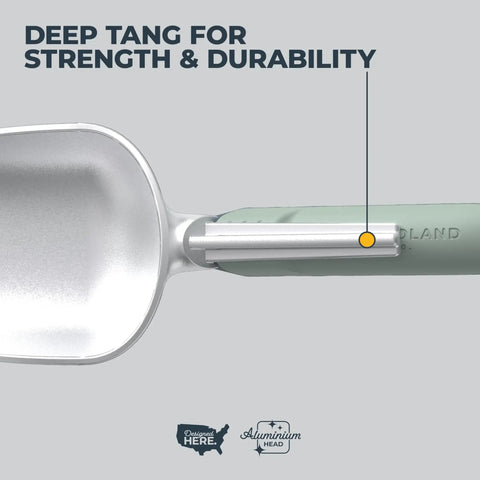 Close-up of deep tang and ergonomic grip of Beefy Aluminum Garden Trowel With Full Tang Extra Wide Scoop Sharpened Point And Ergonomic Cushioned Grip Rust Resistant Hand Tool For Digging In Clay And Tough Soil