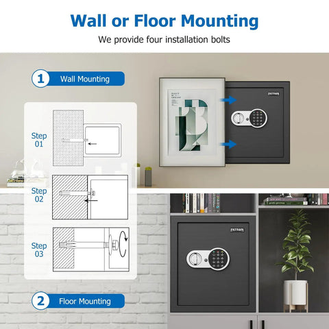 Wall and floor mounting options for a 2.3 Cu Ft Fireproof Home Safe With Digital Keypad Electronic Lock Removable Shelf And Adjustable Rails