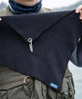 Man holding Grab And Go Clip On Microfiber Fishing Towels With Waffle Pattern, Quick Dry 16x16 Inch Towels in black, with carabiner.