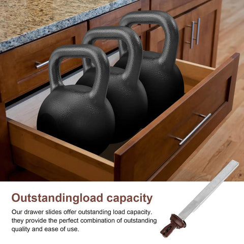 Premium Heavy Duty Center Mount And Undermount Drawer Slides Keeping Your Drawers Gliding Smooth Zero Fuss Hardware Replacement For Dressers Cabinets And Nightstands with kettlebells in a wooden drawer.