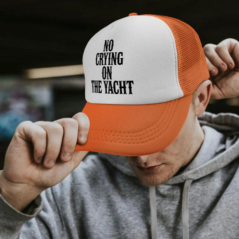 Breathable Men's Trucker Hat For Running And Everyday Wear With No Sweat Band, Moisture Wicking Tech, white front, orange mesh