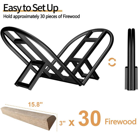 Foldable Firewood Rack For Indoor And Outdoor Use Heavy Duty Metal Wood Holder Keeps Logs Dry And Organized by Fireplace Firepit or Stove Sturdy Storage With Easy Assembly, shown flat and folded with log capacity details.