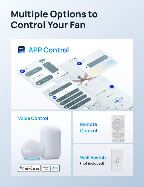 Image showing app, voice, remote, and wall switch control for Next Level Smart Ceiling Fan With Lights 52 Inch Black.