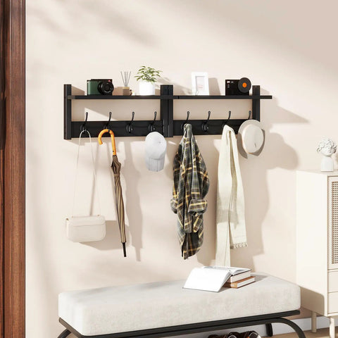 Coat Rack Shelf Wall Mount With 8 Hooks Set Of 2 Thirty One And A Half Inch Floating Shelf And Hat Rack Black Slick Entryway Organizer