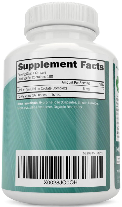 Side view of Lithium Orotate 5mg Capsules 180 Count Vegetarian Mood Support Memory Behavior Wellness Boost 50 Percent More Value Made In USA Supports Healthy Mood Balance Memory And Focus bottle showing supplement facts
