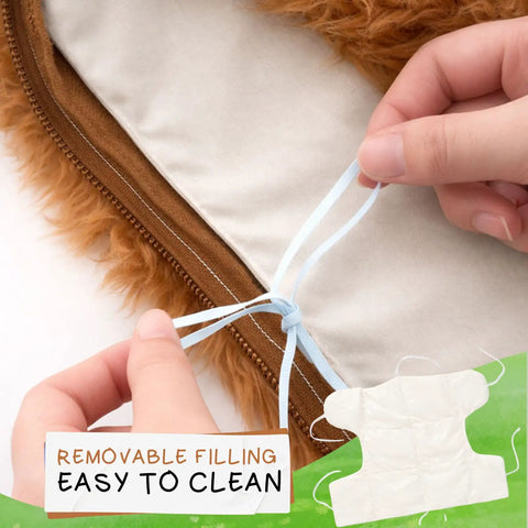 Hands showing removable filling of Weighted Highland Cow Lap Pad For Relaxation And Chill, 5lb Sensory Plush Blanket.