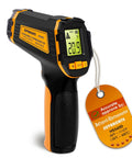 Epic Infrared Temperature Gun For Cooking And Grilling With Laser Precision, Fast Non Contact Readings In Under A Second, Wide Range From Minus 58 F To 1112 F And Minus 50 C To 600 C For Meat, Pizza Ovens, Candy, Grilling, HVAC And More black and orange handheld infrared thermometer with digital display and tag