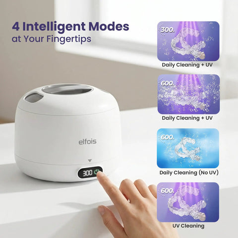 Ultrasonic Retainer Cleaner With UV Light And 45KHz Cleaning Pod showing 4 cleaning modes on display, detachable design.