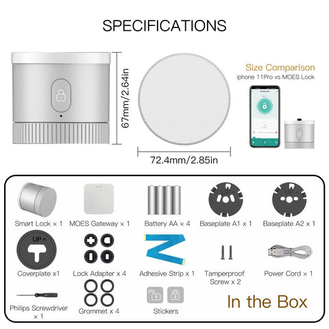 Smart Front Door Lock With Keyless Entry For Existing Deadbolt, Alexa And Google Assistant Compatible, Auto Lock And Unlock shown in specs and parts included.