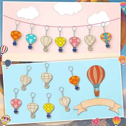 Color Your Own Hot Air Balloon Keychains Kit With 24 Wooden Blanks, 12 Styles, DIY Craft Set for hanging display