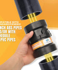 Hand holding Combo Pack RV Sewer Hose Fittings And Adapters To PVC with rotating 3in hub pipe adapter and text about compatibility.