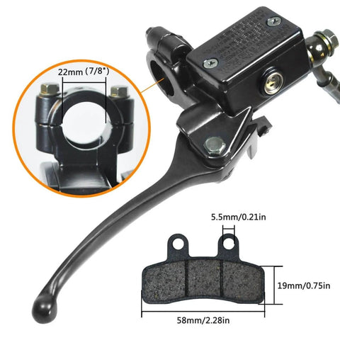 Beefed Up Front Hydraulic Disc Brake Master Cylinder Caliper Assembly With Pads For 50cc 70cc 90cc 110cc 125cc Dirt Pit Bikes And ATVs Including SSR DB10 DB14 Apollo Roketa Lifan Baja SDG Thumpstar Pitster Pro. Measures 22mm (7/8") for handlebars.