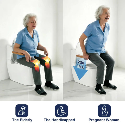Hella Strong Toilet Safety Rails For Seniors With Badass Flip Up Armrests And Built Like A Truck Carbon Steel Frame, Tight Adjustable Grab Bar Setup For Bathroom Security, Brown Finish showing elderly woman using toilet safety rail.