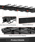 Heavy Duty Garage Storage Rack System Wall Mounted Tool Organizer With Eight Double Hooks And Three Rails For Garden Tools Brooms Rakes Shovels Ski Gear And More Fits Standard Two By Four Stud Spacing, showing close-up of rubber-coated hooks and rails.