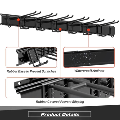 Heavy Duty Garage Storage Rack System Wall Mounted Tool Organizer With Eight Double Hooks And Three Rails For Garden Tools Brooms Rakes Shovels Ski Gear And More Fits Standard Two By Four Stud Spacing, showing close-up of rubber-coated hooks and rails.