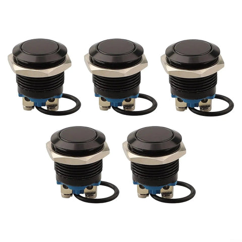 5 Pack 16mm Metal Push Button Switches Industrial Panel Mount Momentary Black Plated Flat Head For Reset Auto Start And Access Control Panels IP65 Durable Construction, five switches