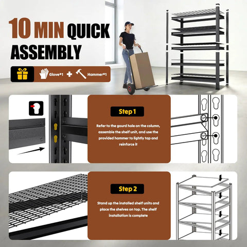 Beefy Heavy Duty Tall Garage Shelving Unit With Mesh Shelves For Airflow, Adjustable Industrial Storage Rack With 5 Ton Capacity, Metal Standing Shelves For Garage Kitchen Warehouse Basement Utility Room, 71 By 35 By 16 Inches, 10 min assembly