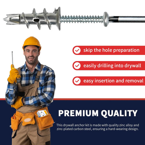 DIY Drywall Anchors And Screws Kit With 200 Self Drilling Anchors And 100 Zinc Sheetrock Anchors And 100 No 8 By One And A Quarter Inch Screws Heavy Duty Wall Mounting Hardware For Hanging Up To 75 Lbs image with man in hard hat demonstrating use.