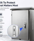 Kickass 304 Stainless Steel Outdoor EV Charger Box With Lockable Weatherproof Shield showing front view and secure lock detail.