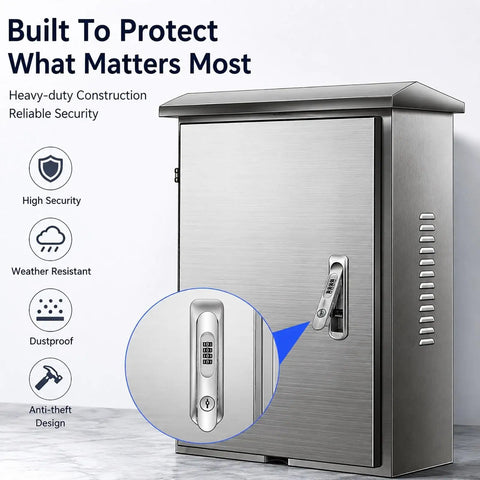 Kickass 304 Stainless Steel Outdoor EV Charger Box With Lockable Weatherproof Shield showing front view and secure lock detail.