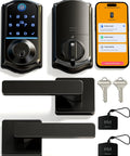Top Shelf Fingerprint Smart Lock With Heavy Duty Lever Handles Set In Matte Black, smooth touchscreen with smart key access and keys.