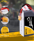 14.8V 4S 75C 850mAh LiPo Battery Pack With XT30 Plug For FPV Drones And Multirotors, detailed view with XT30 and JST-XH plugs