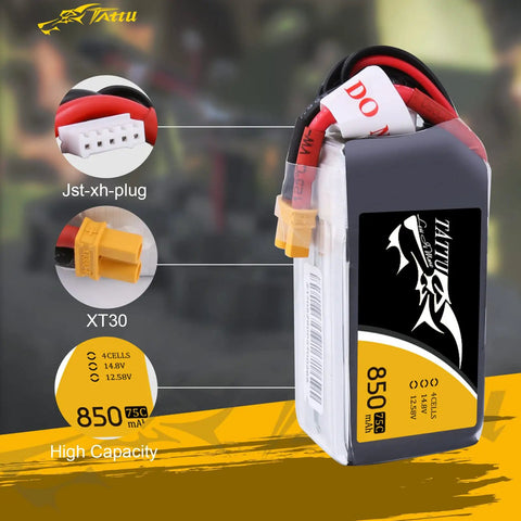 14.8V 4S 75C 850mAh LiPo Battery Pack With XT30 Plug For FPV Drones And Multirotors, detailed view with XT30 and JST-XH plugs