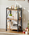 Rock Solid 3 Tier Industrial Bookshelf Featuring Dark Wood Grain Shelves, Slim Metal Frame Storage Rack Built Tough For Apartments And Offices with decorative items.