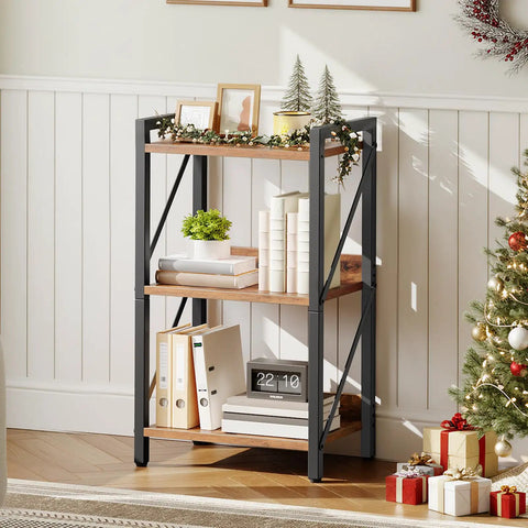 Rock Solid 3 Tier Industrial Bookshelf Featuring Dark Wood Grain Shelves, Slim Metal Frame Storage Rack Built Tough For Apartments And Offices with decorative items.
